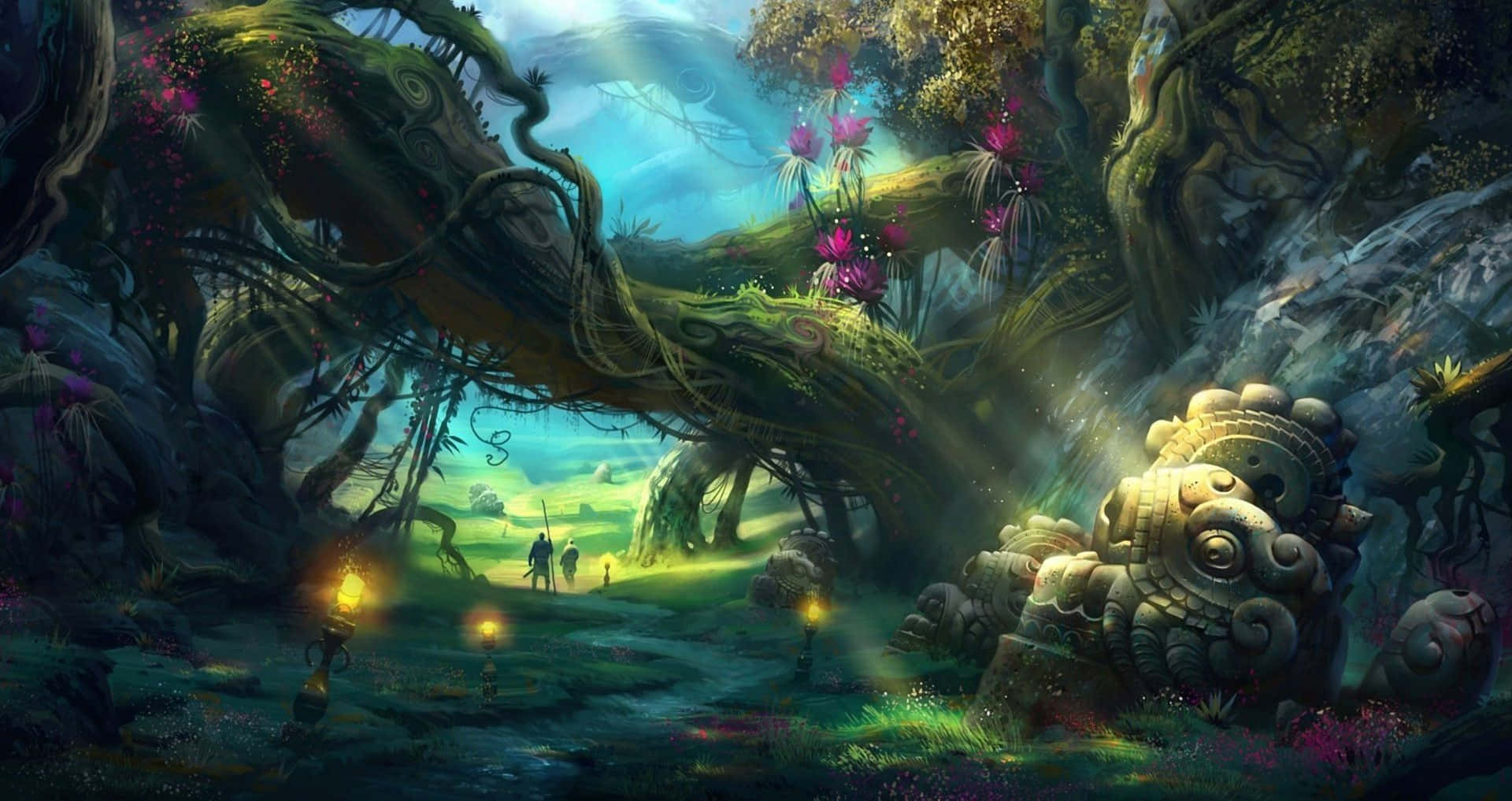Enchanted Forest 桌布 壁紙 — 神秘森林，古石遺跡與發光燈籠，樹冠扭曲，紫花盛開。