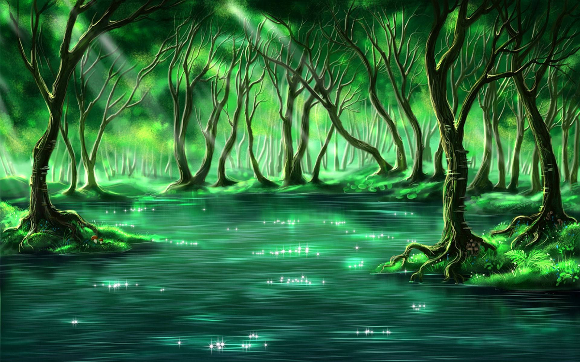trees 桌布 壁紙 — 神秘森林，發光的綠色樹木和閃爍的水面反射出空靈的光芒。