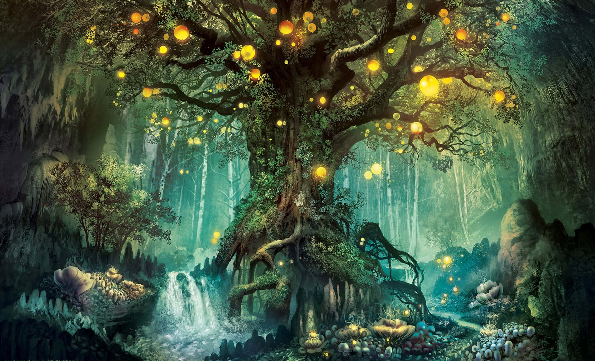 Enchanting 桌布 壁紙 — 神秘森林中一棵雄偉的古樹，帶有發光的球體，還有層疊瀑布和長滿苔蘚的岩石。