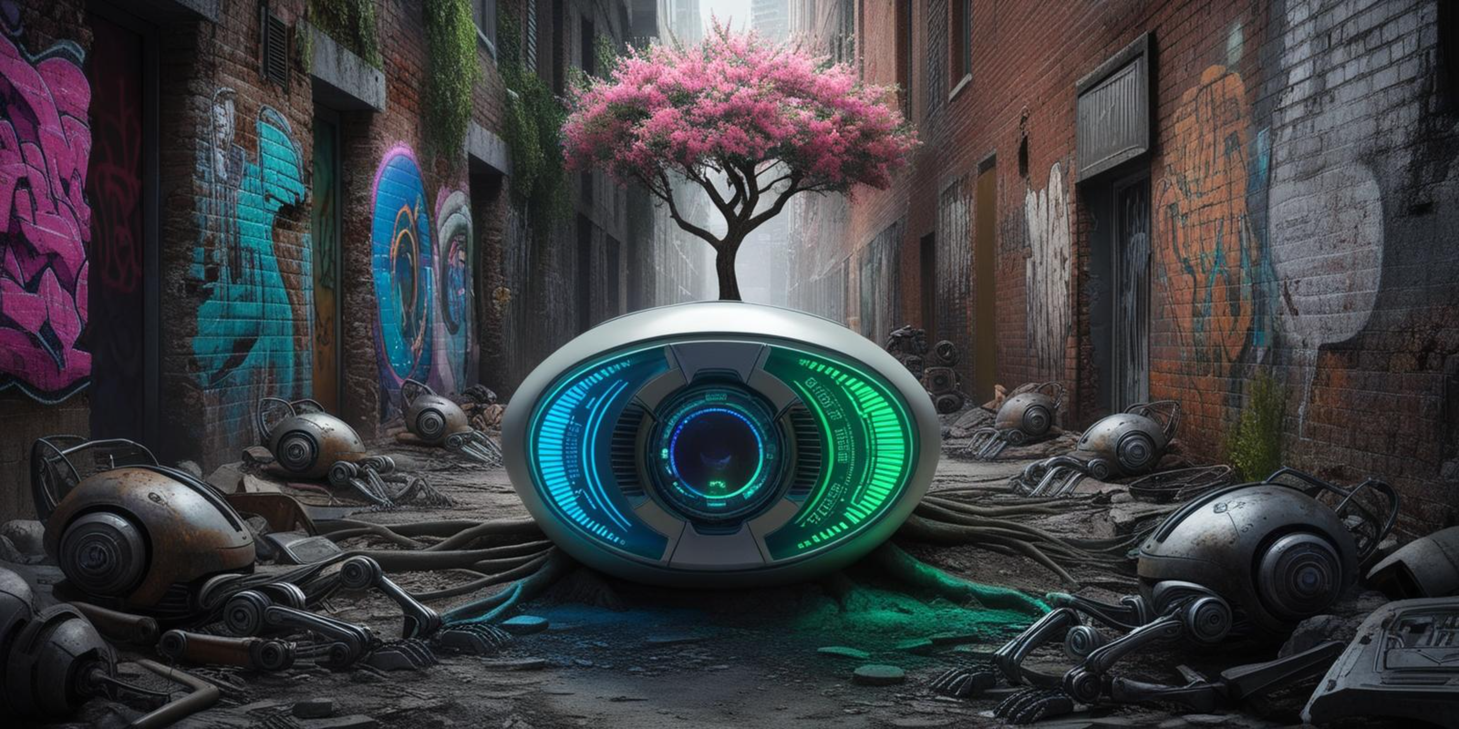 神秘森林之門 壁紙 — 一個發光的未來風格球體，頂部長出一棵粉紅色的開花樹，坐在一個被塗鴉覆蓋的小巷中，周圍是破損的機器人。