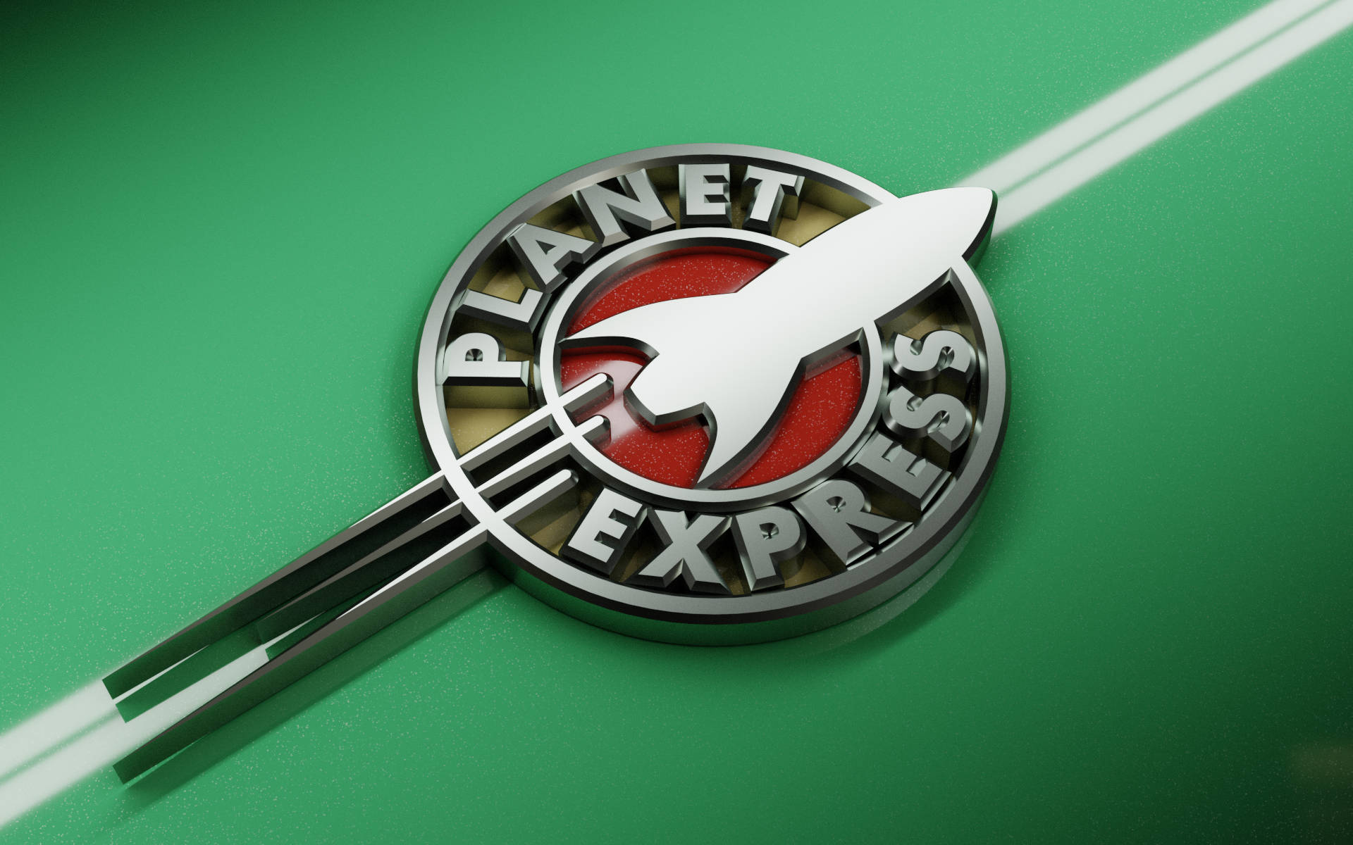 帶有火箭徽章的 Planet Express 標誌，位於帶有白色條紋的綠色背景上