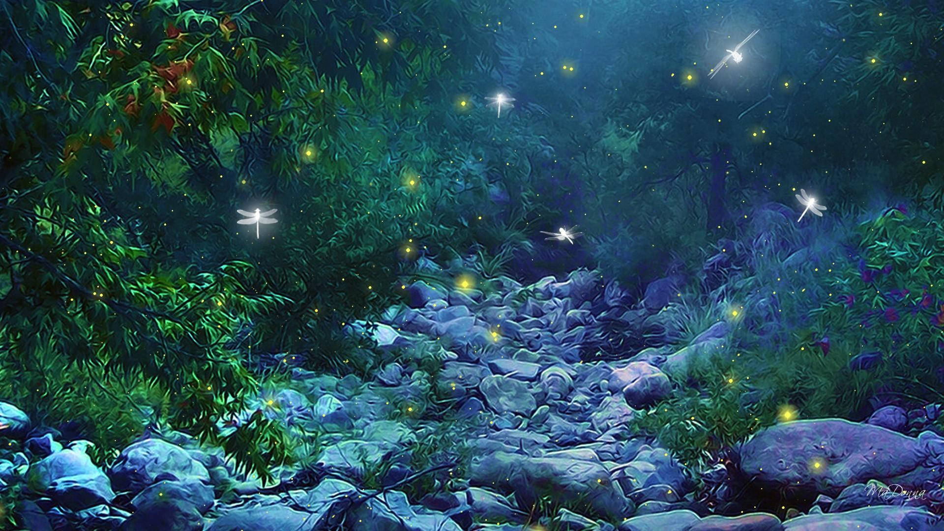 rocky 桌布 壁紙 — 神秘森林溪流在夜晚閃爍著螢火蟲和星光，穿過茂密樹葉。