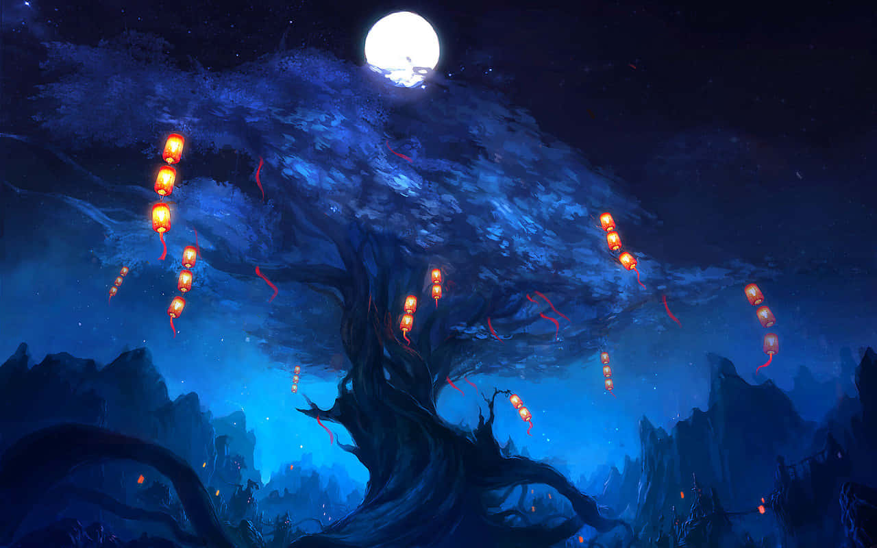 滿月下，神秘夜景中帶有燈籠的發光樹木。
