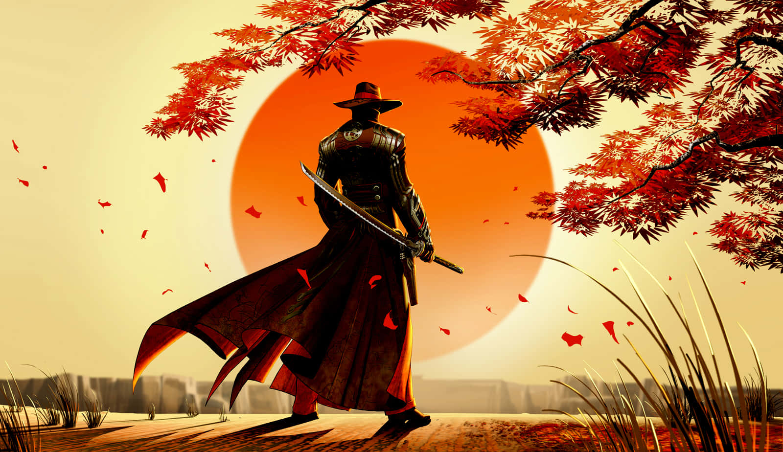武士在秋楓下，夕陽中落葉紛飛。