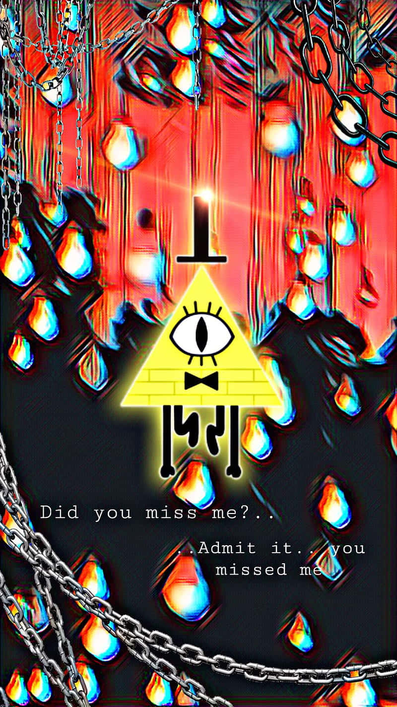 一個帶有眼睛和蝴蝶結的黃色三角形，被發光的燈光和鏈條包圍。