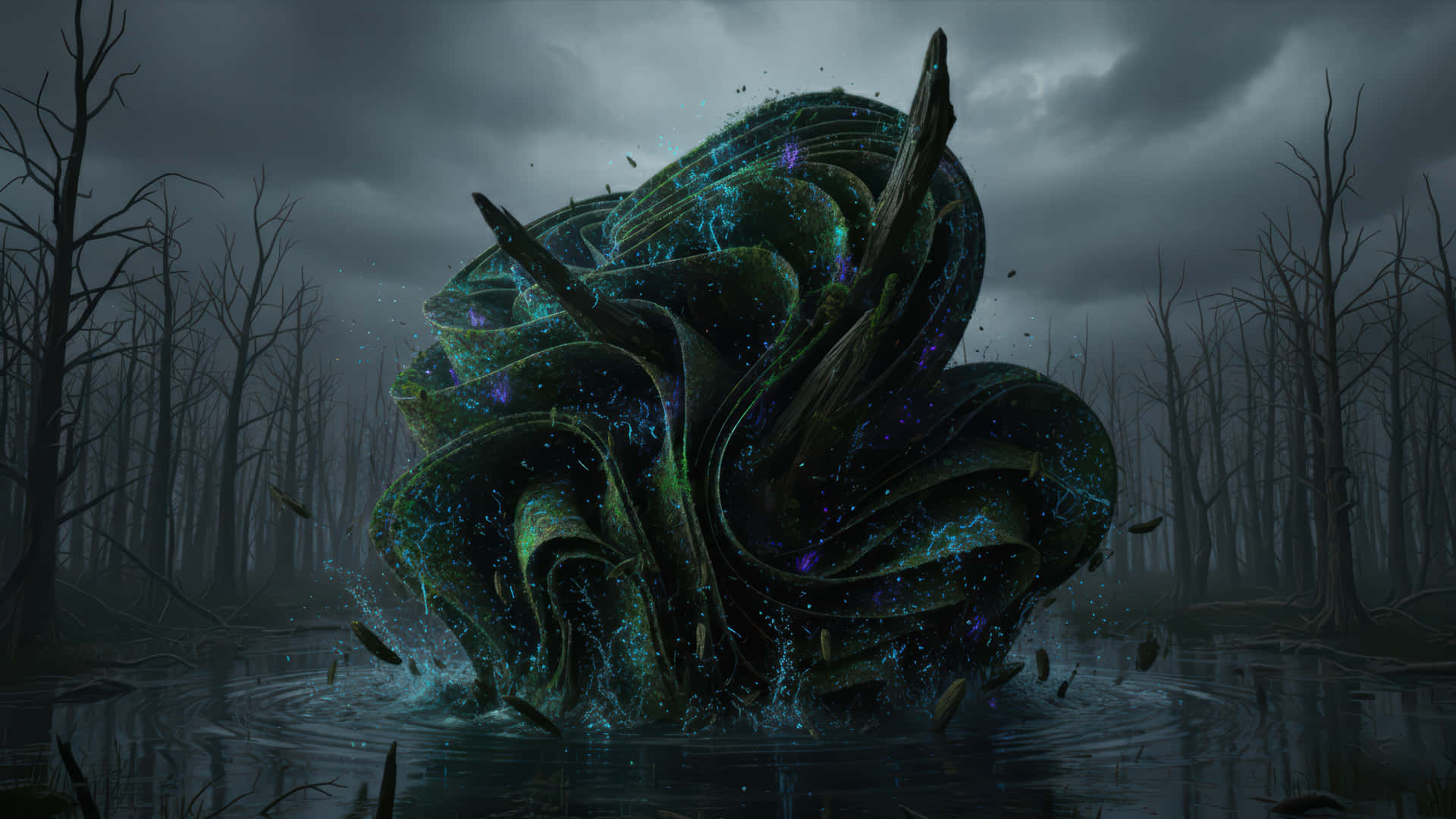 神秘沼澤光暈桌面壁紙加強版 壁紙 — 在暴風雨的天空下，被光禿禿的樹木包圍的黑暗水中，一個發光的綠色和紫色有機結構噴發出來。