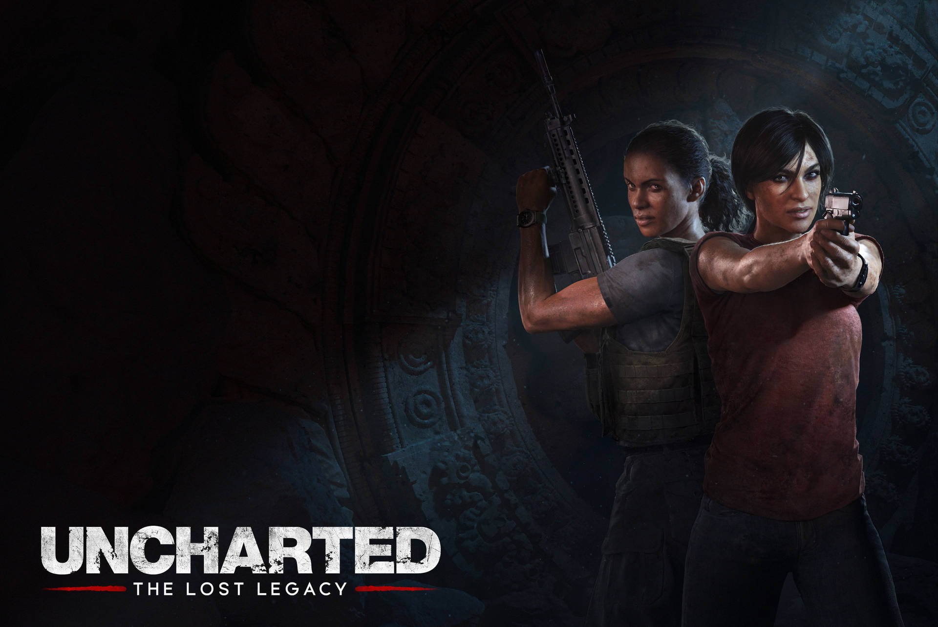 來自《Uncharted The Lost Legacy》的兩名武裝冒險家身處黑暗神廟。