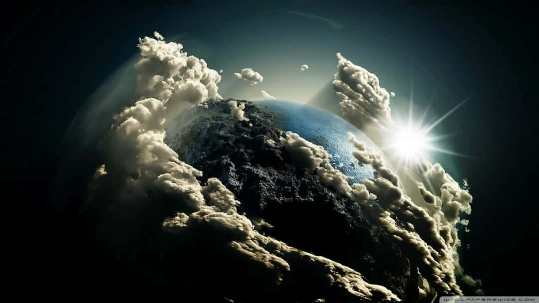 從太空看到的地球，帶有雲層和太陽爆發
