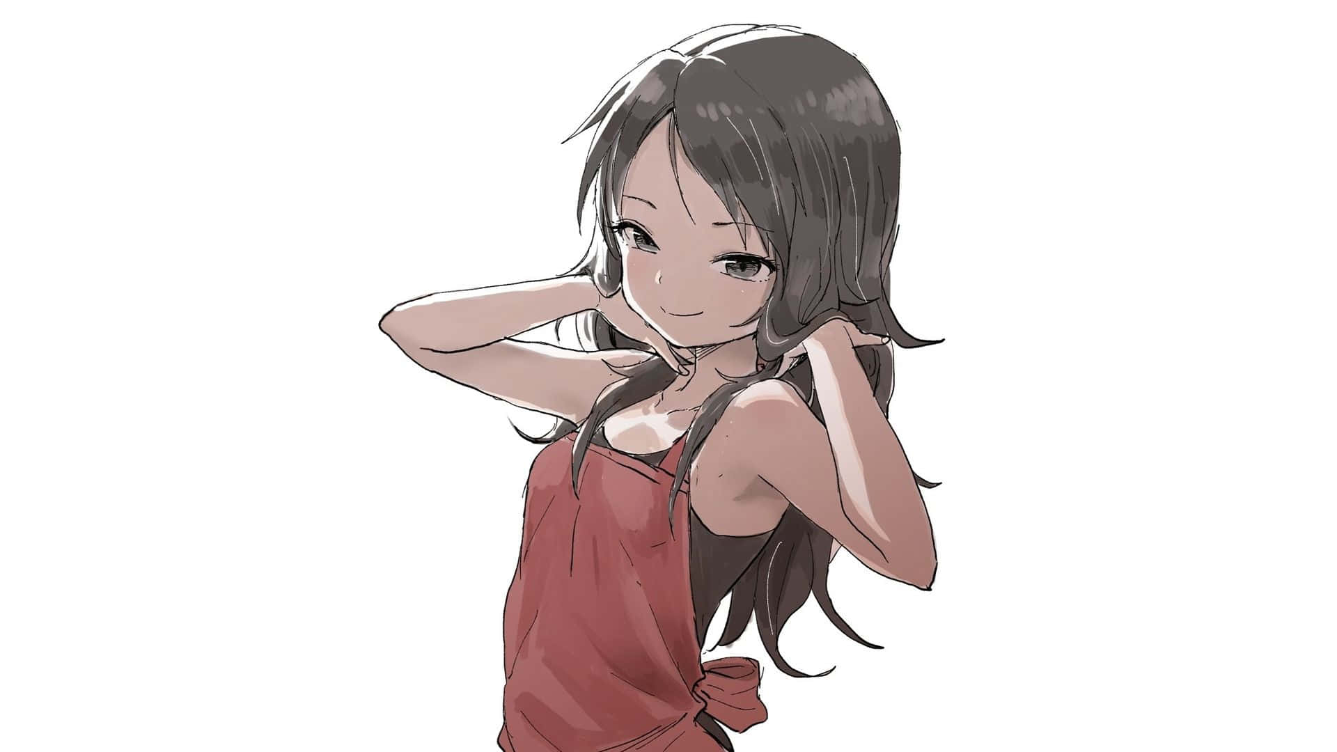 深色頭髮、紅色上衣的動畫女孩微笑著拿著頭髮。