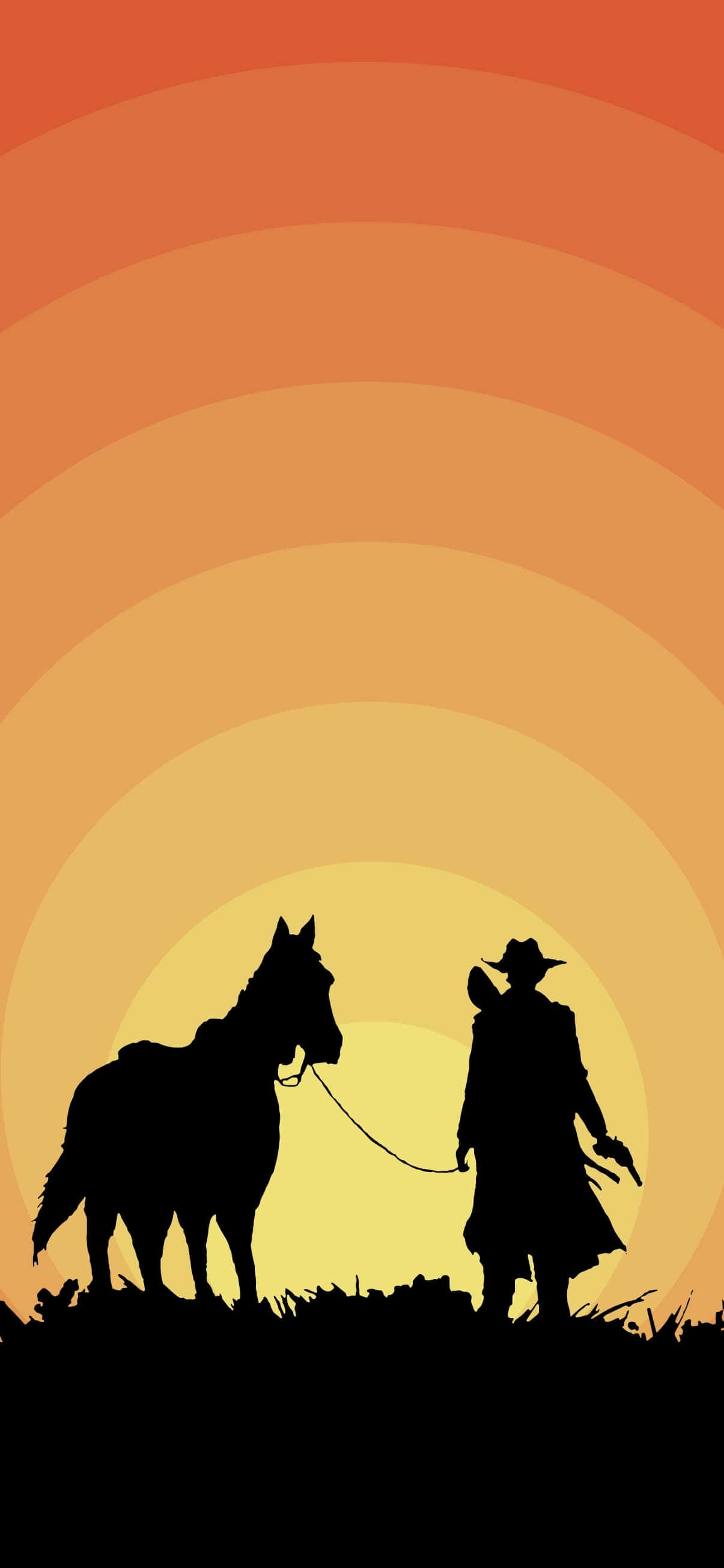 神秘牛仔冒險 - iPhone壁紙 壁紙 — 牛仔與他的馬在溫暖漸變的日落天空下的剪影。