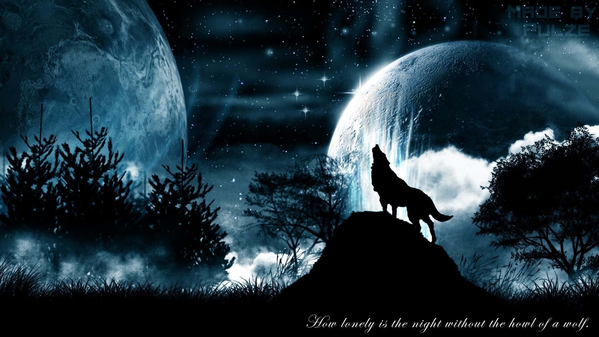 狼在神秘的夜林中對著兩個月亮嚎叫。
