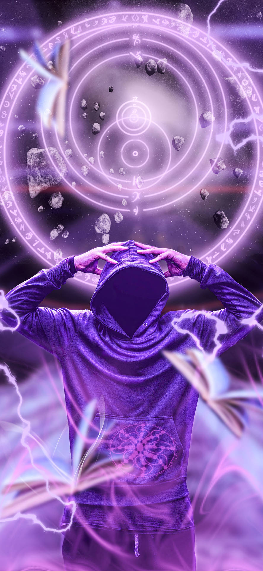 穿著紫色連帽衫的人正在啟動一個發光的魔法傳送門，伴有蝴蝶和漂浮的石頭。