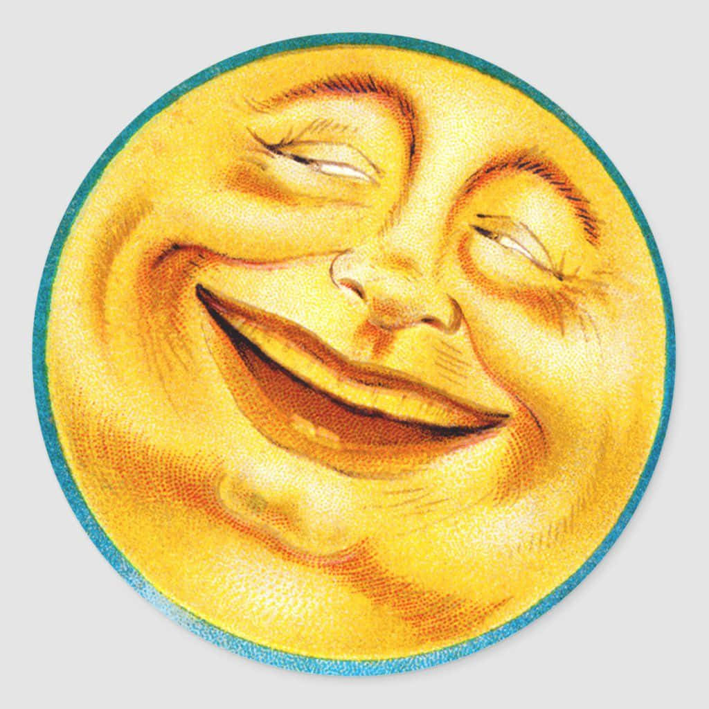 神秘發光的月面 壁紙 — 一個快樂的黃色月亮，閉著眼睛，咧嘴大笑，鑲嵌在青綠色的邊框內。