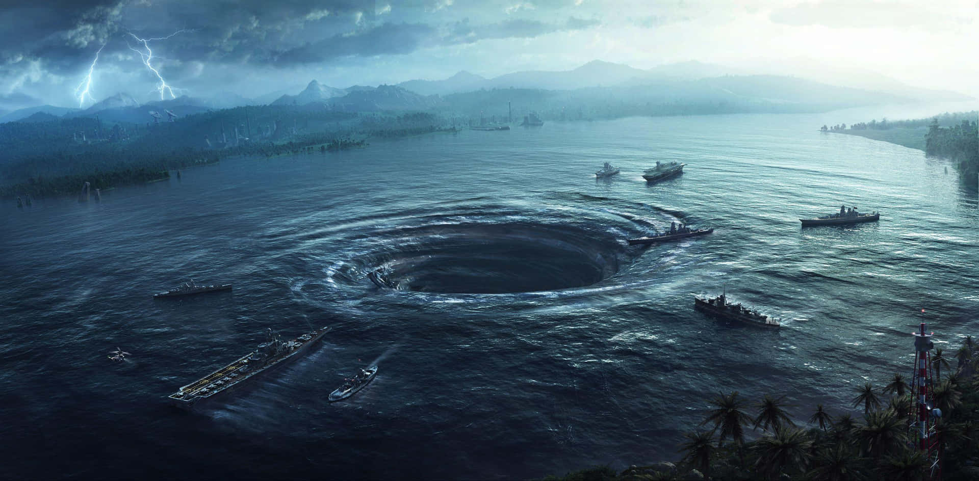 軍艦在雷暴期間圍繞巨大的海洋漩渦進行機動。