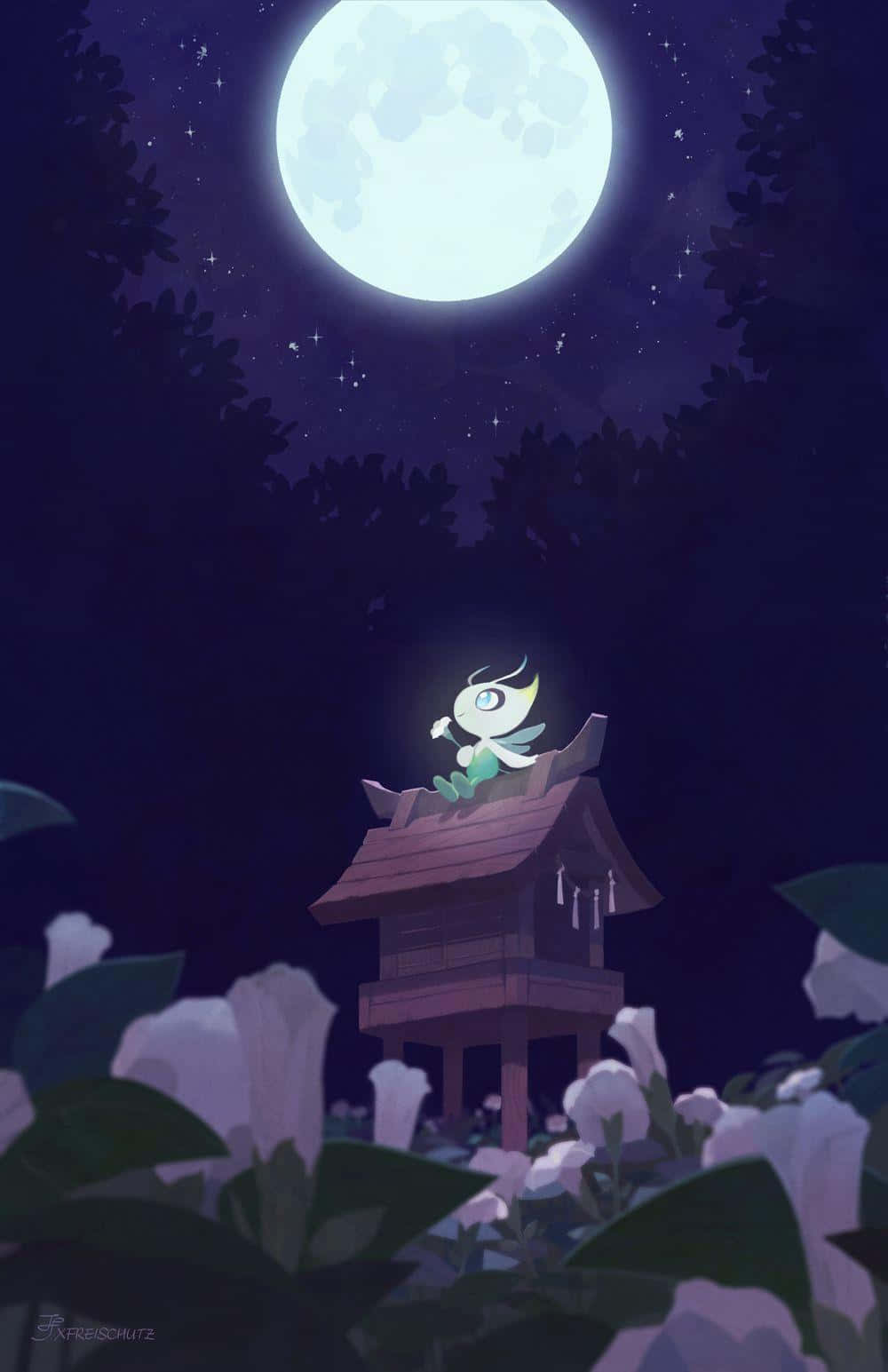 發光眼睛的生物在神社上，滿月下，夜晚被白色花朵環繞。