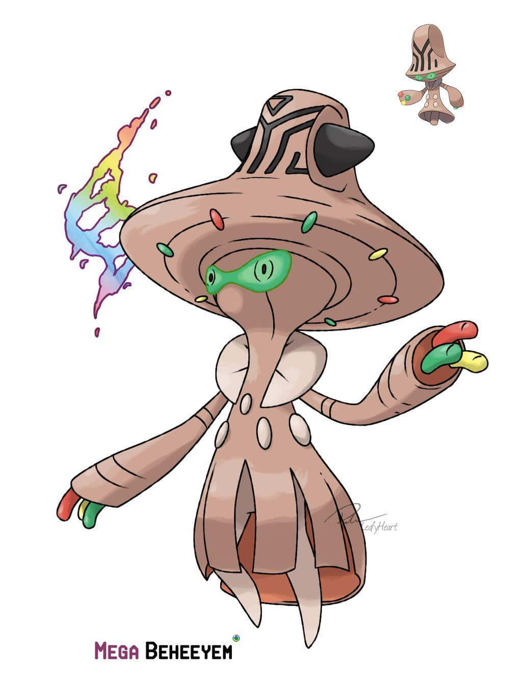 Mega Beheeyem 喺數碼藝術風格中手持糖果同彩虹飛濺