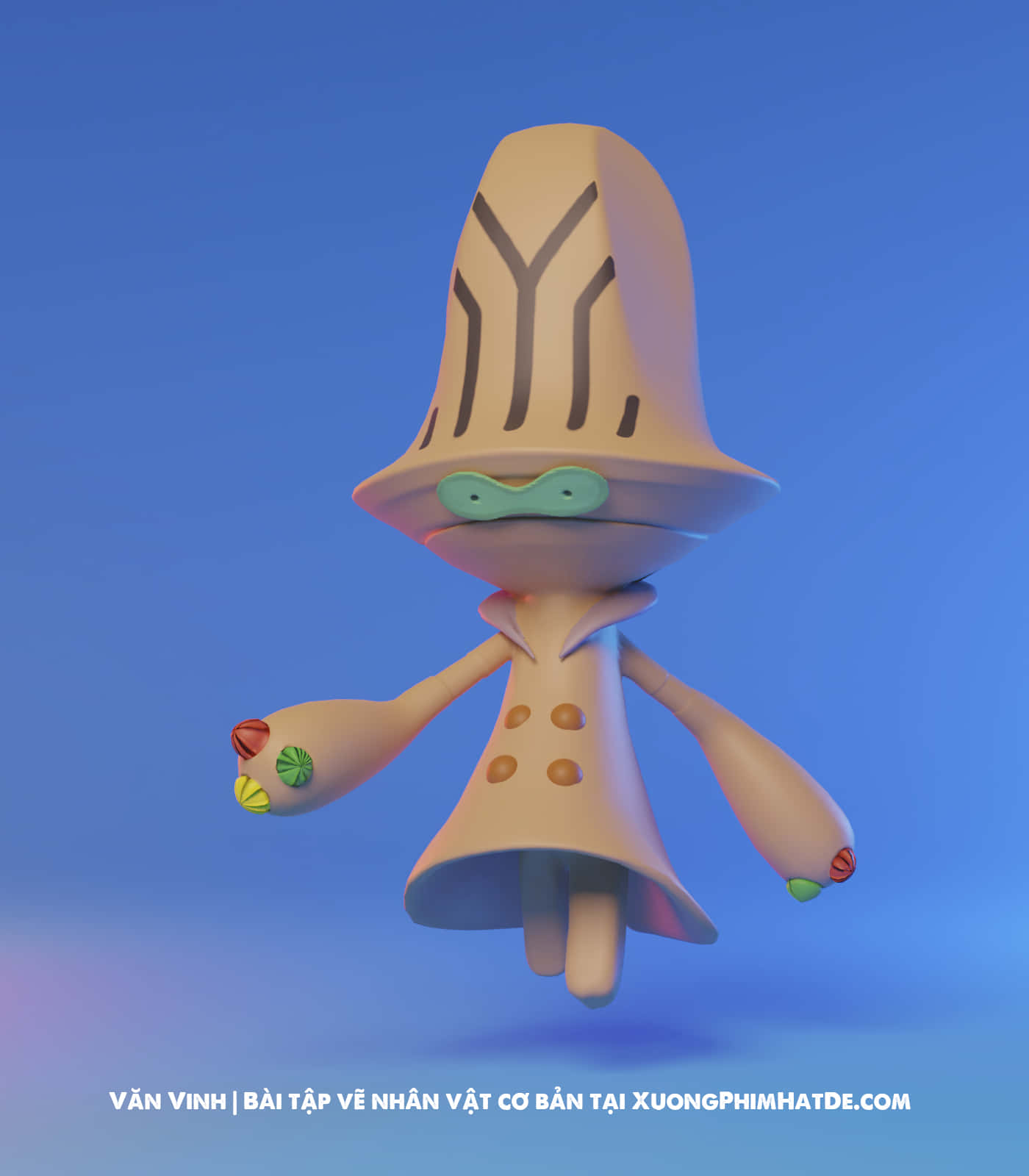 神秘的Beheeyem在發光氣場中 壁紙 — 一個異想天開的3D渲染角色，戴著高帽子和色彩繽紛的手，漂浮在漸變藍色背景上。