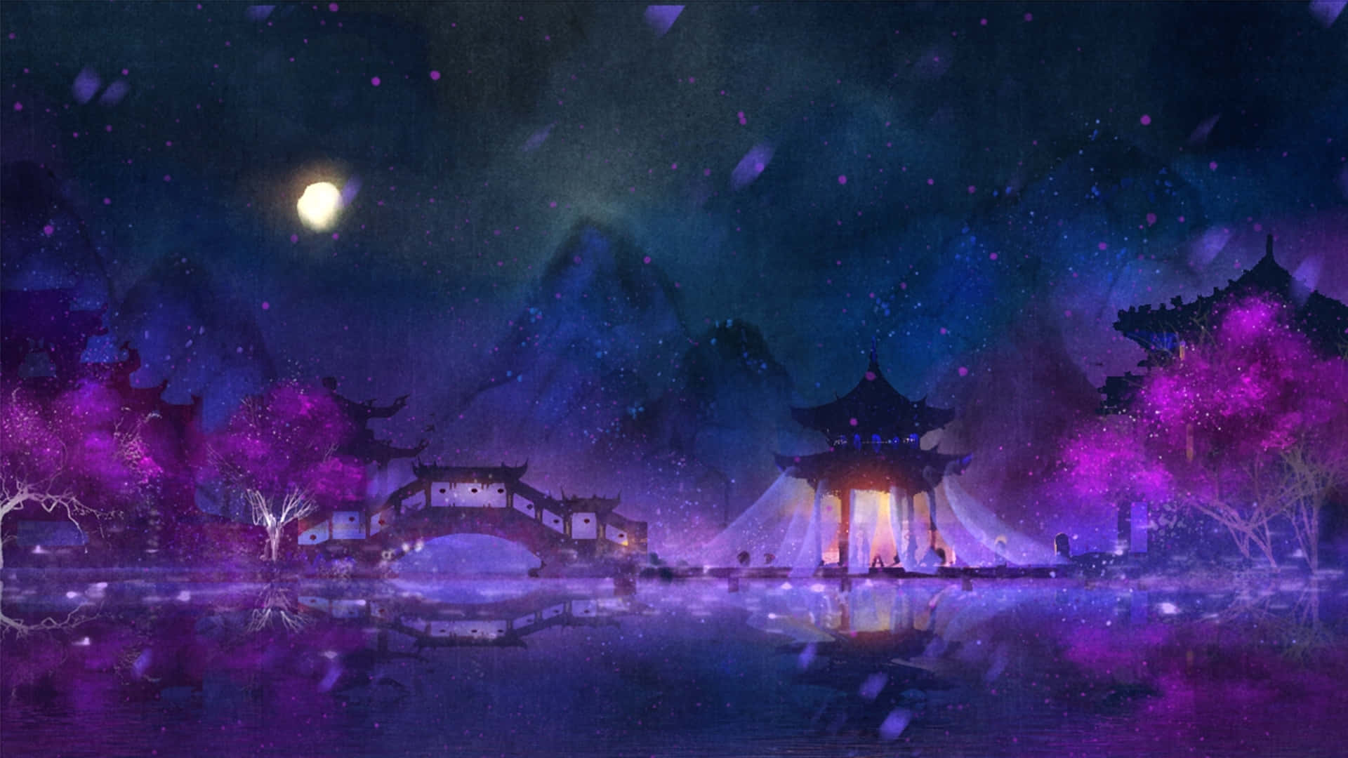 Purple Anime 桌布 壁紙 — 神秘的夜景，發光的紫色樹木、傳統亭閣和月光下的橋樑倒映在平靜的水面上。
