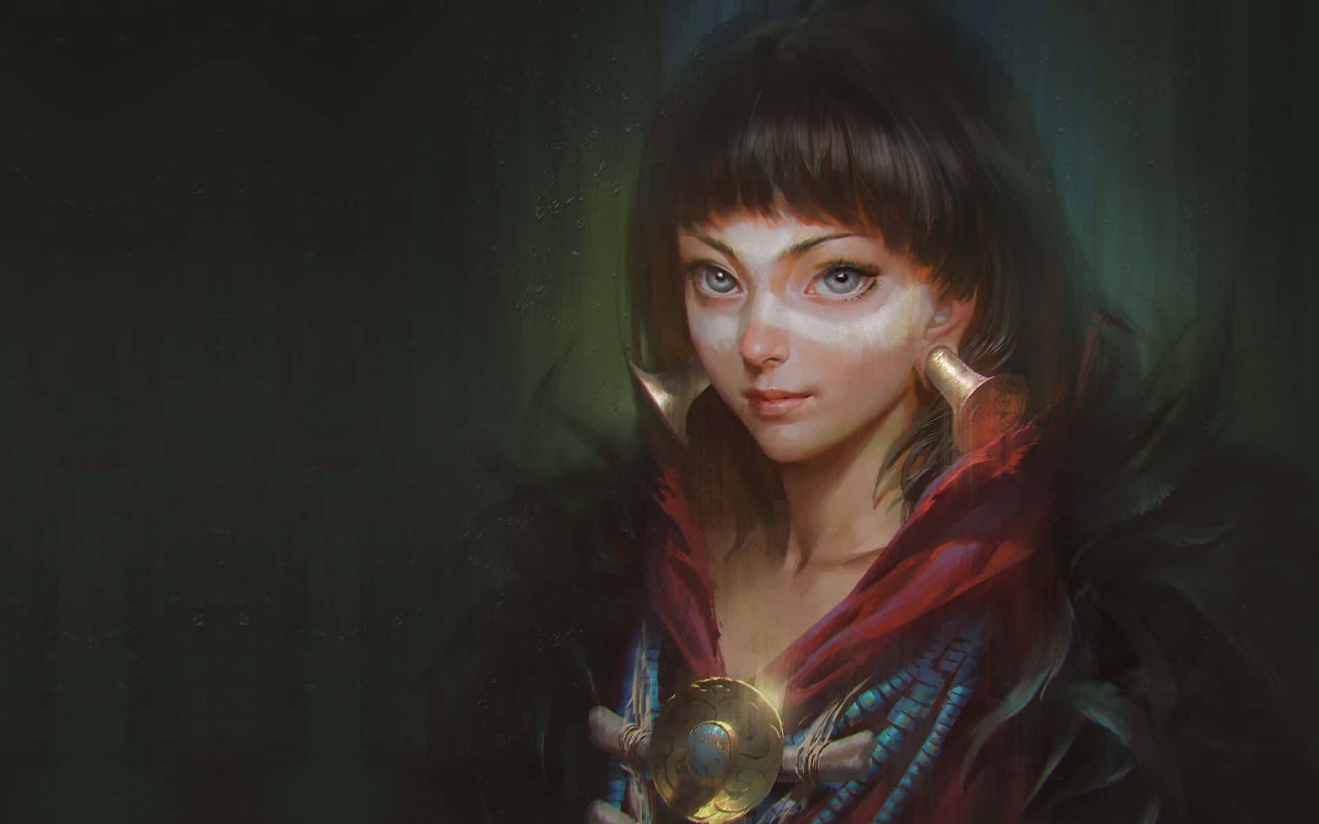 奇幻女性，發光的眼睛，在黑暗環境中手持發光球體