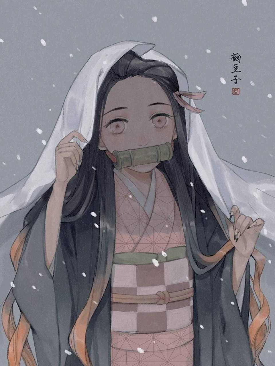 動漫女孩穿著傳統和服，戴著竹製面具站在雪中。