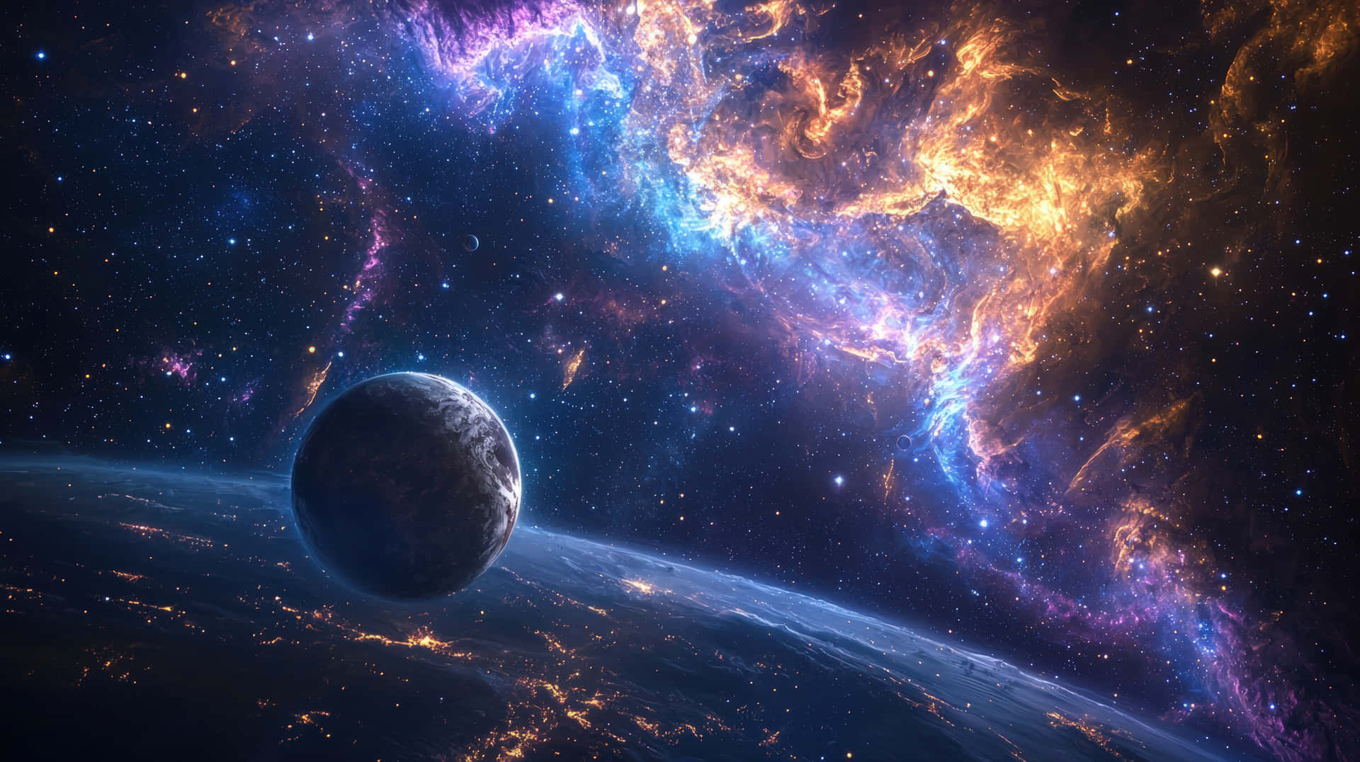 行星在發光的地球之上，背景是鮮豔的宇宙星雲