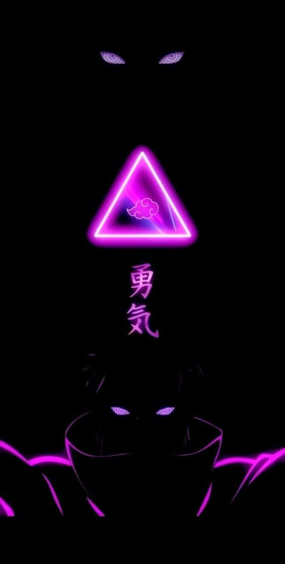 霓虹紫色三角形，帶有雲朵和漢字，位於戴面具的動漫剪影上方。