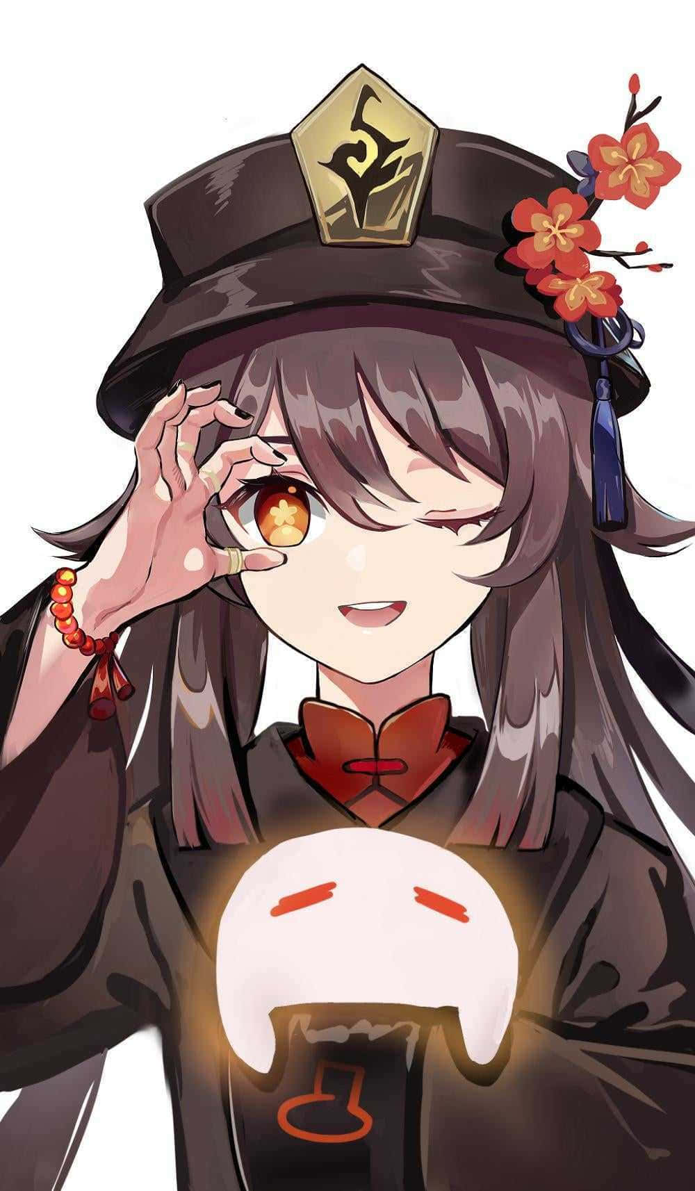 神秘的胡桃 壁紙 — 一個穿著深色制服、帶著櫻花的開朗動畫女孩，舉起她發光的眼睛，同時拿著一個發光的燈籠。