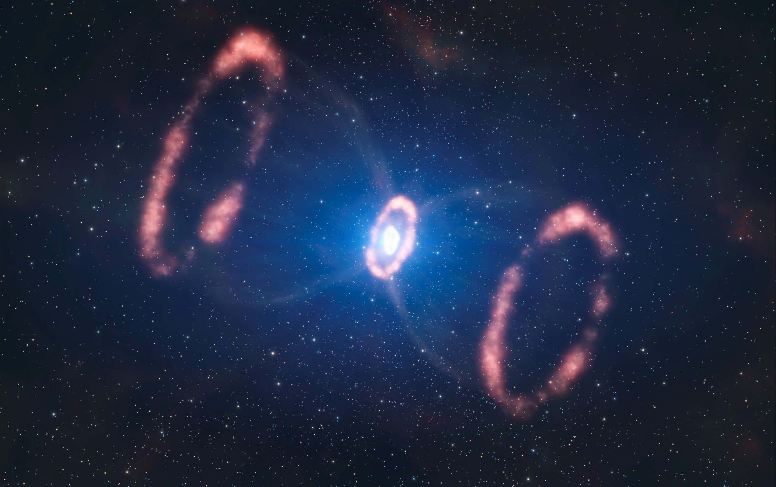 神秘的超新星爆發 壁紙 — 一個宇宙星雲，帶有發光的粉紅色環和明亮的中心恆星，背景是星場。