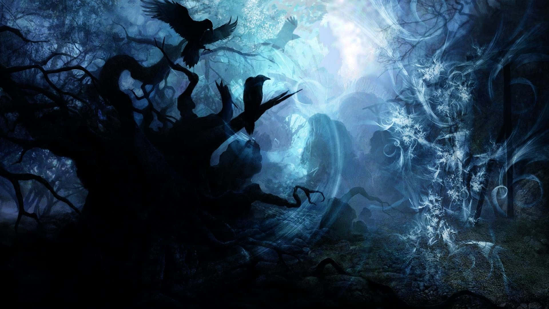 插畫 桌布 壁紙 — 神秘的黑暗森林，烏鴉剪影棲息在扭曲的樹木上，籠罩在詭異的藍色發光薄霧中。