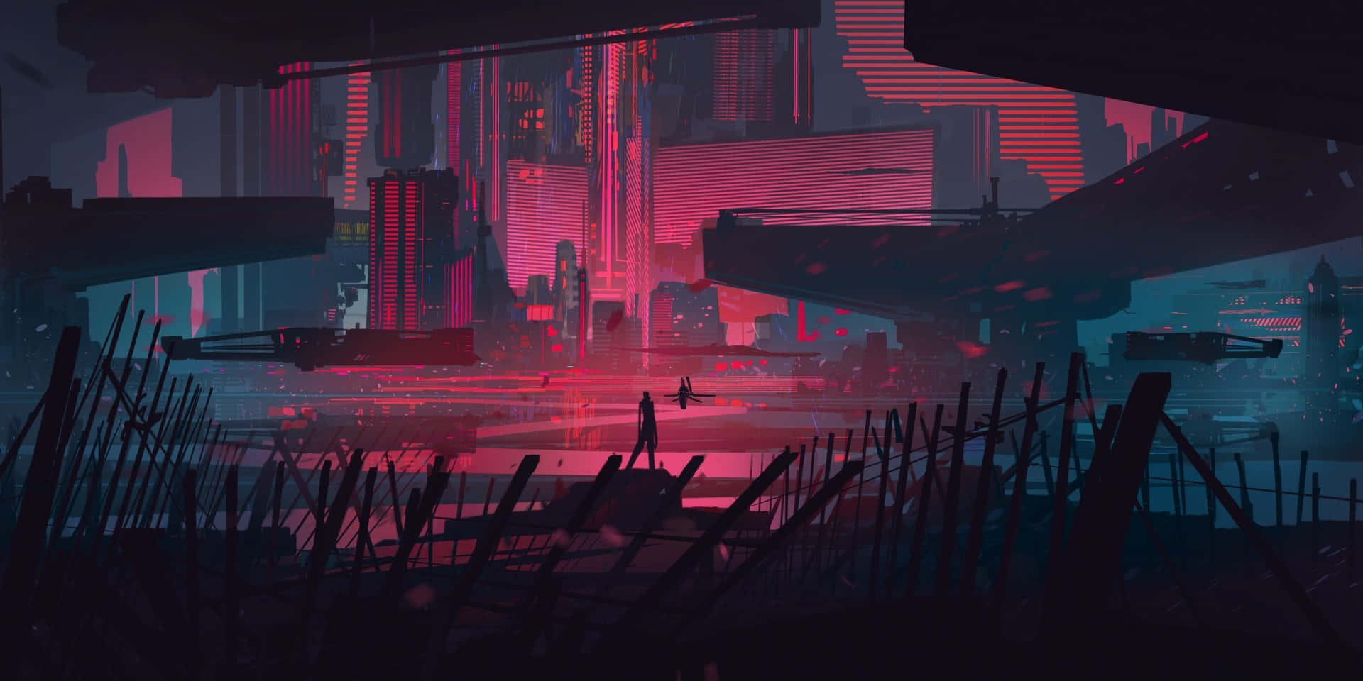 神秘的黑暗賽博龐克城市風景 壁紙 — 一個孤獨的身影走過一個被霓虹燈浸透的賽博龐克城市景觀，天空黑暗，閃爍著粉紅色和藍色的摩天大樓。