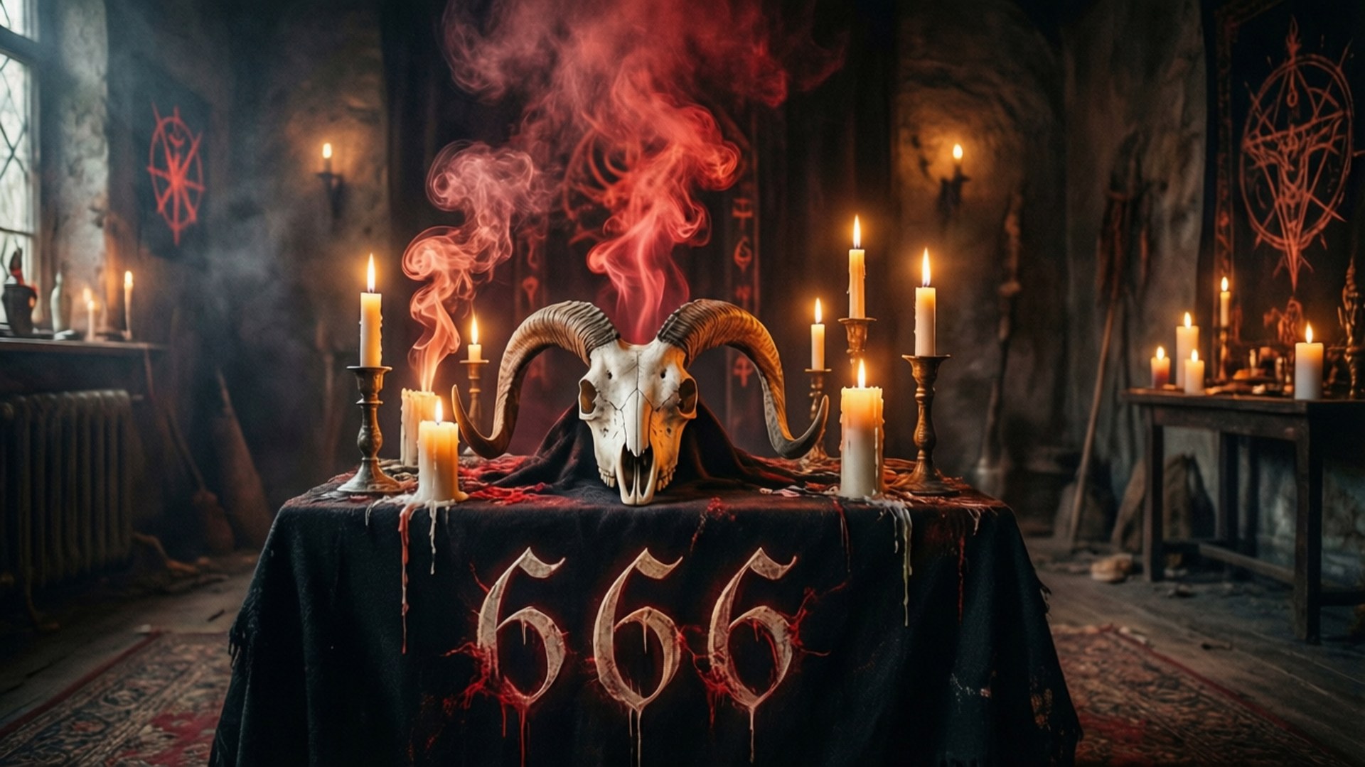 神秘祭壇 壁紙 — 一個公羊頭骨在黑暗的密教房間中，從燭光祭壇上升起紅色煙霧，顯示數字666。