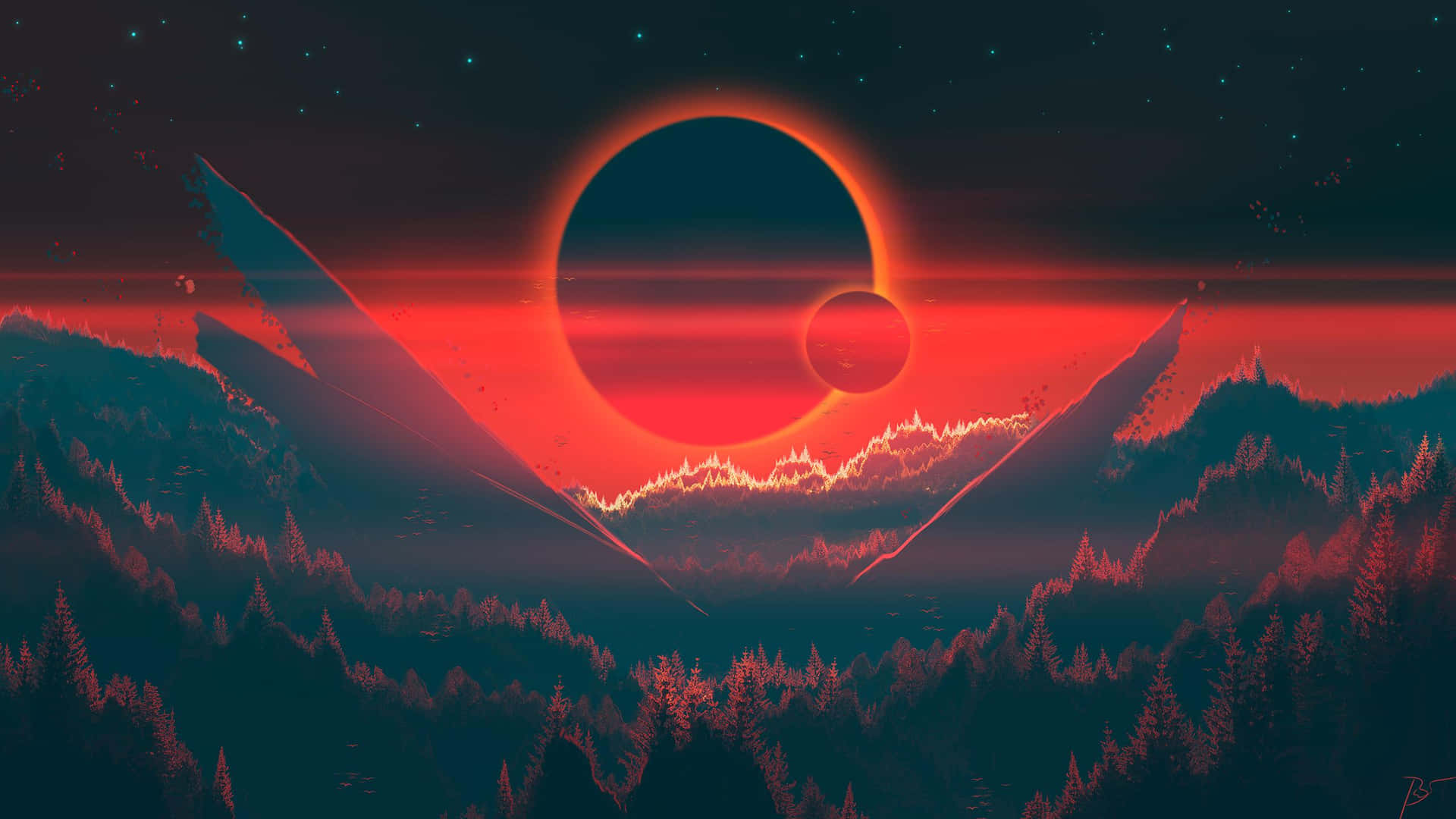 在紅色日食下，發光的地平線和星空中的外星山脈。