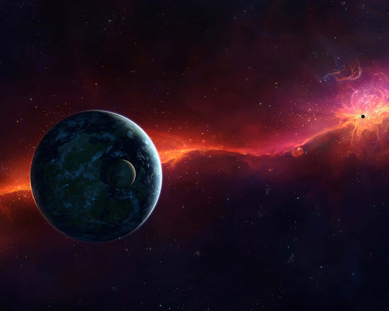 神秘紅色宇宙空間 壁紙 — 一顆藍綠色行星帶著一顆衛星，環繞著充滿恆星的宇宙中一個鮮豔的紅色和橙色星雲運行。