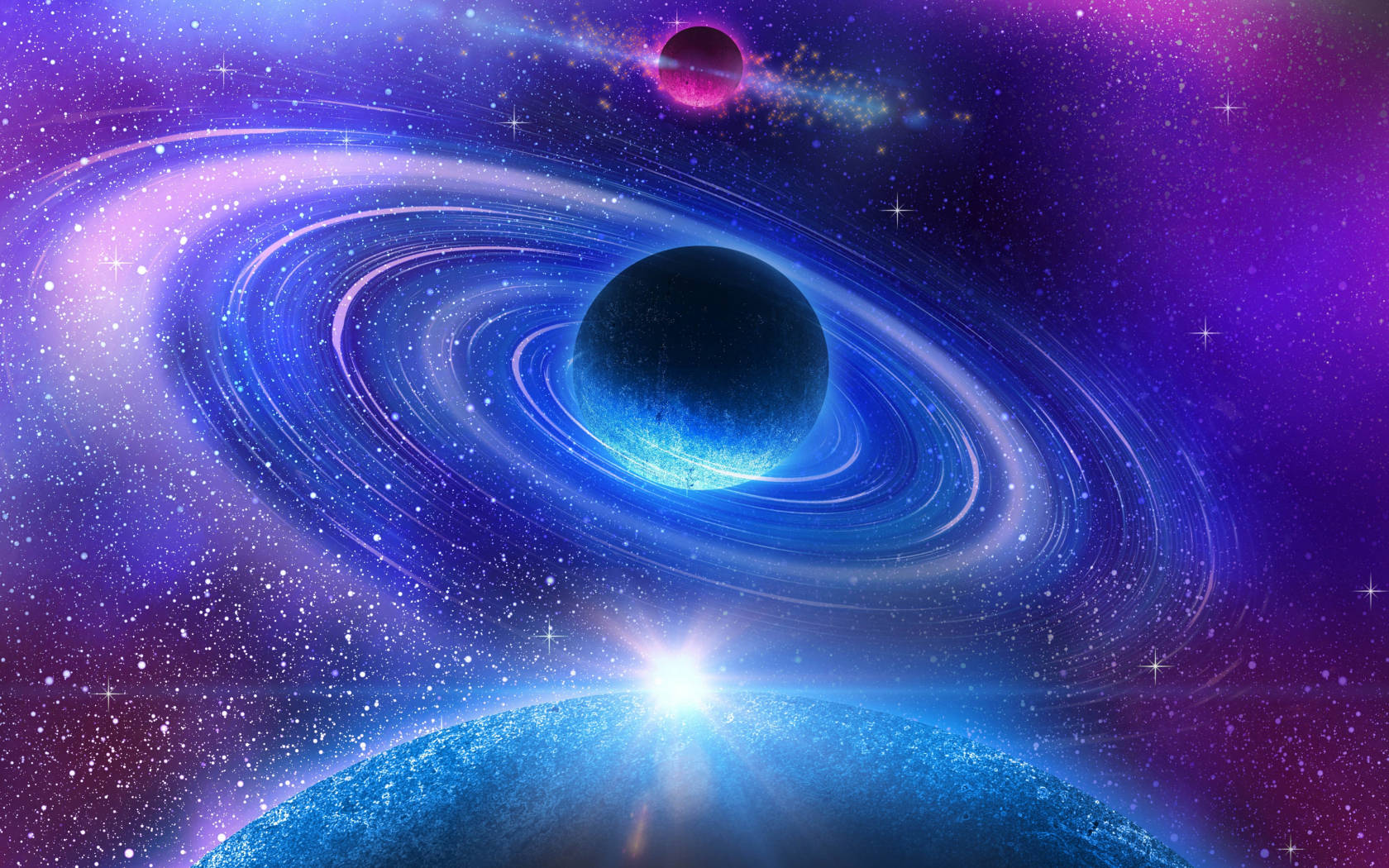 在繁星點點的紫色和藍色宇宙場景中，一顆帶有發光環的藍色行星。