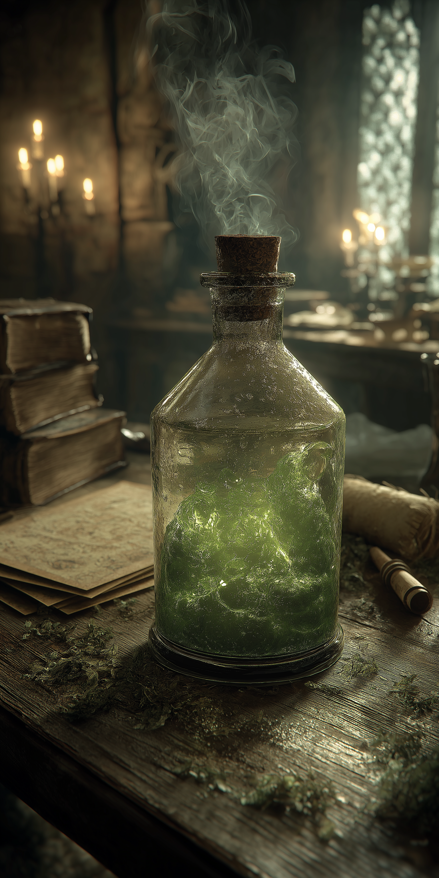 神秘綠色蒸氣藥水 壁紙 — 一個冒著蒸氣的玻璃瓶，裝滿發光的綠色液體，放在一張木桌上，旁邊是古老的書籍和卷軸，在昏暗的燭光書房中。