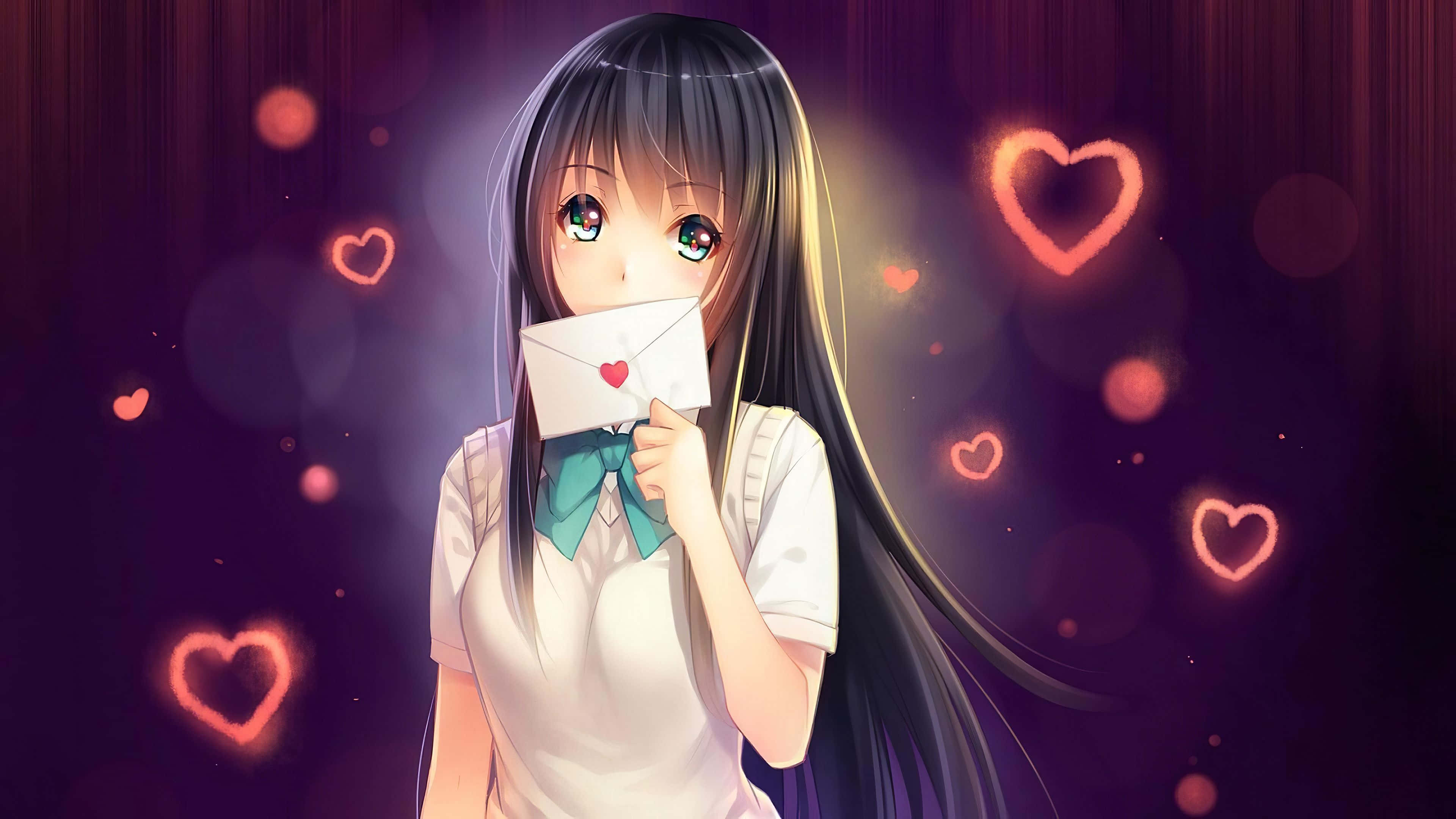 神秘美麗的動漫少女，等待著她的故事 壁紙 — 動畫女孩長著深色長髮，手持心形封口的信封，發光的心形在她周圍飄浮，背景是紫色散景。