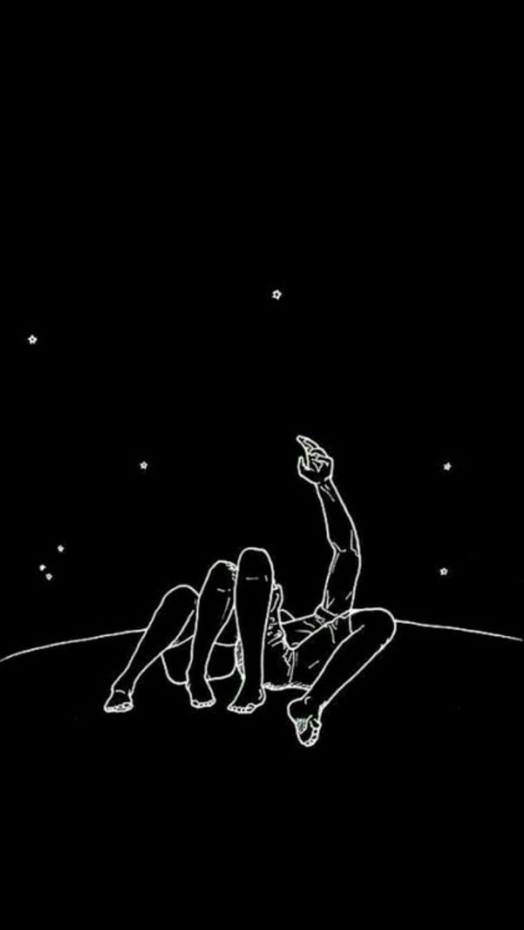 一個人躺在彎曲的地平線上，指向黑色虛空中的星星。