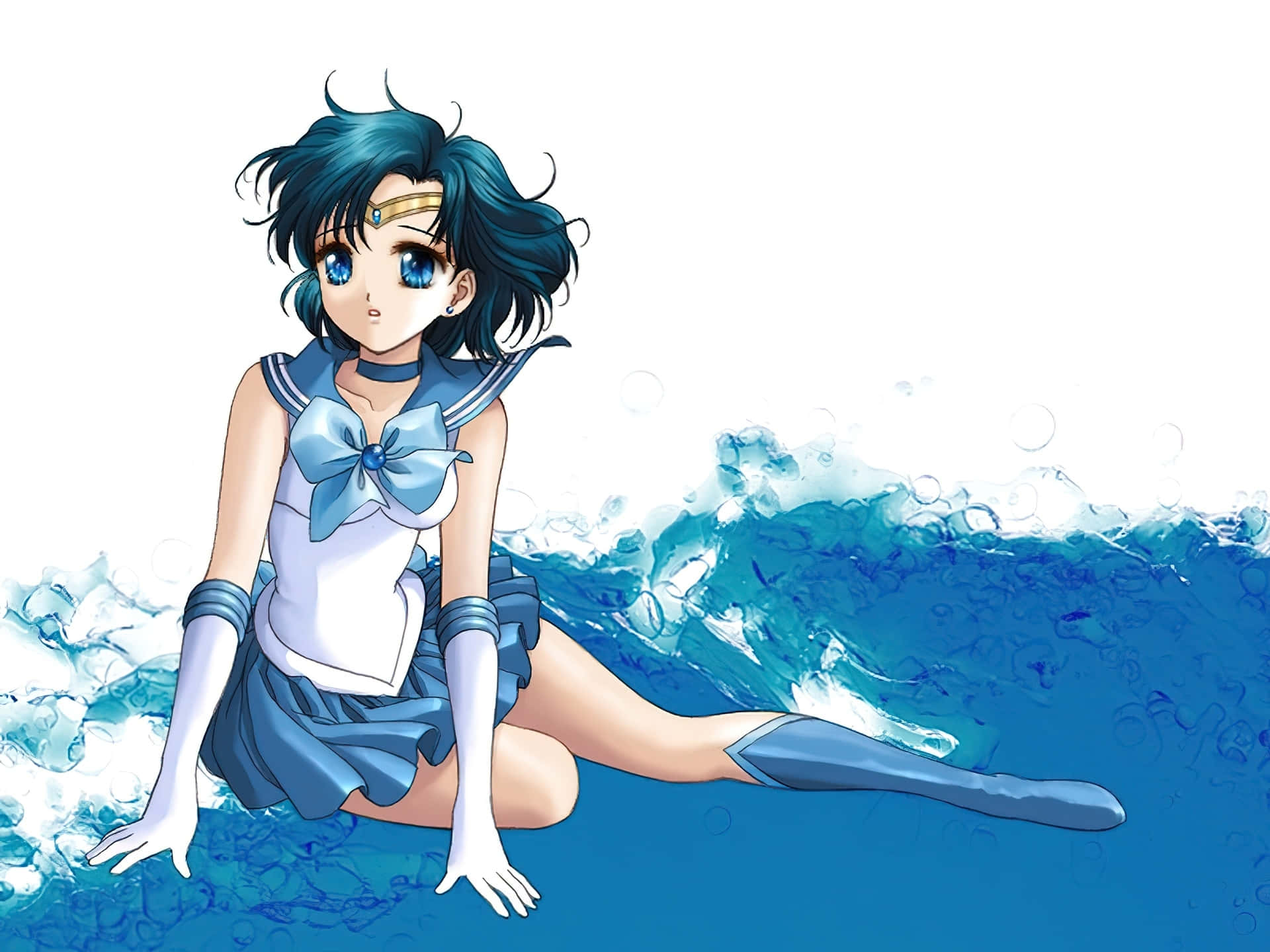 動漫水手女孩坐在藍色海水和泡沫的海浪中。