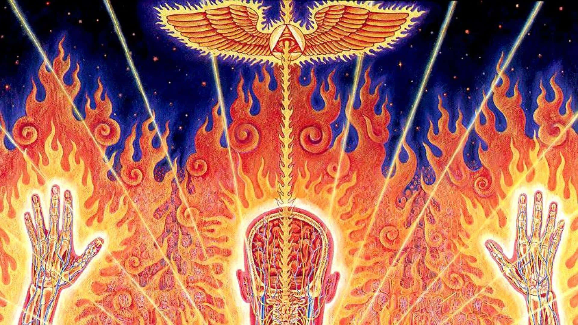一個神聖的有翼身影降臨到一個被火焰和伸出的手包圍的人類頭顱中。