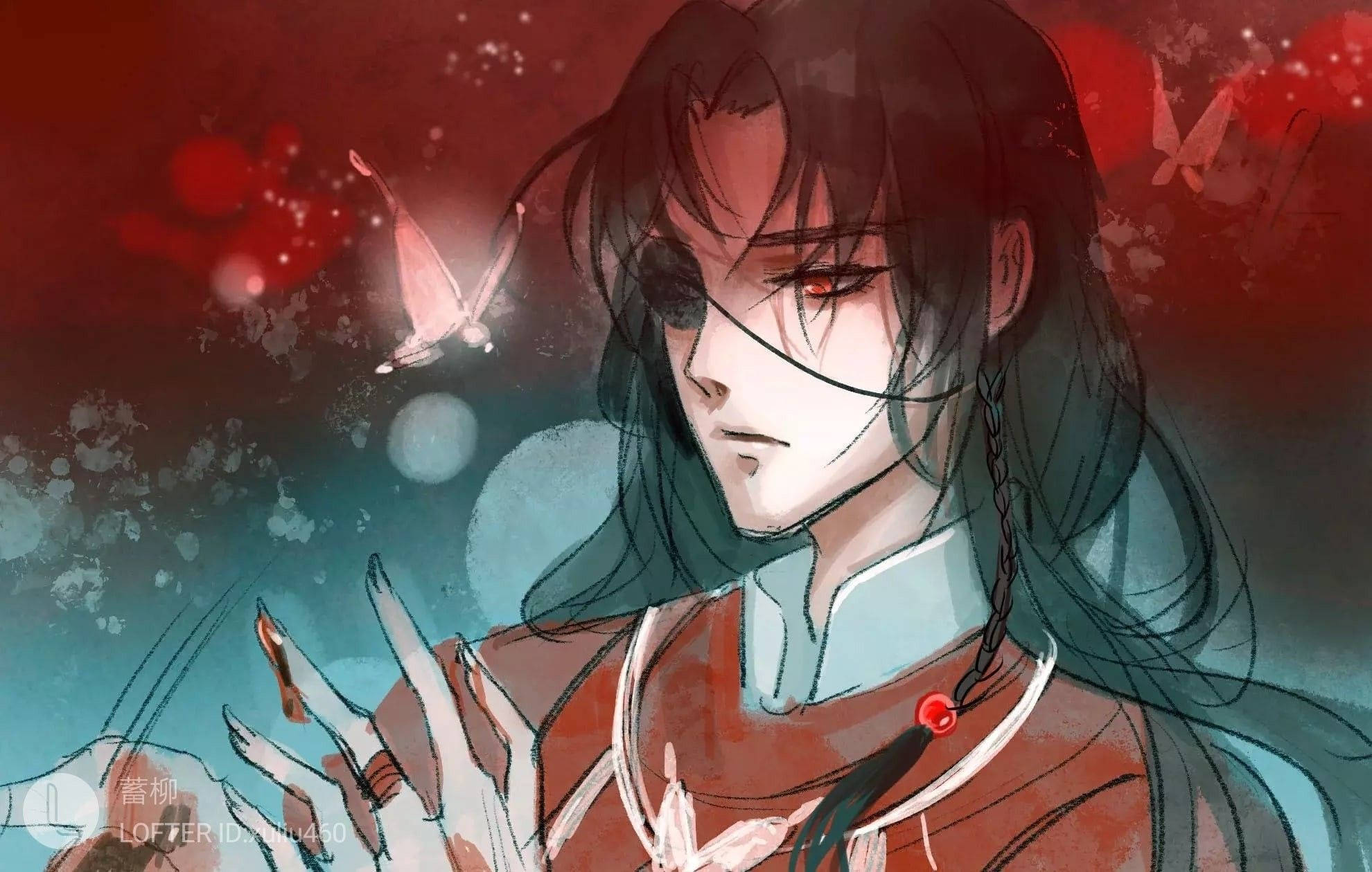 神秘花城紅眼 壁紙 — 一個憂鬱的動漫角色，黑髮紅眼，在紅色和青綠色的背景下向前凝視，發光的蝴蝶在他周圍飛舞。