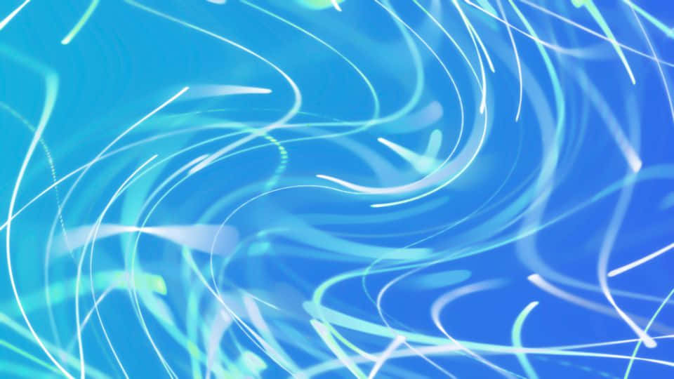 神秘藍色宇宙 Zoom 背景 壁紙 — 發光的白色和藍綠色線條形成動態漩渦，在漸變藍色背景上舞動，營造出未來感的數位動態效果。