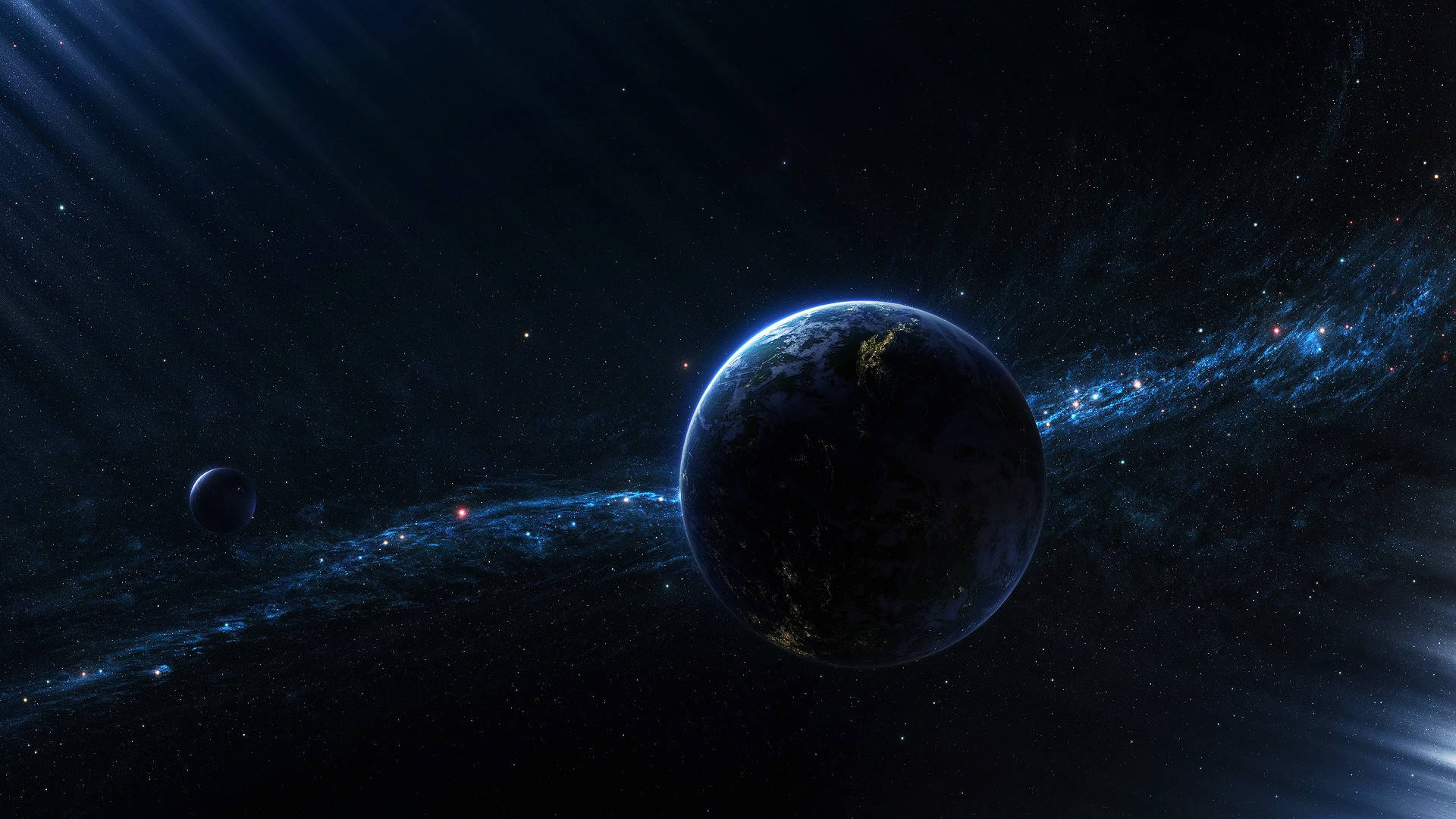 神秘行星的太空電腦壁紙 壁紙 — 一顆雄偉的藍色行星，帶有發光的城市燈光，在充滿活力的宇宙星雲和遙遠的恆星之間運行。