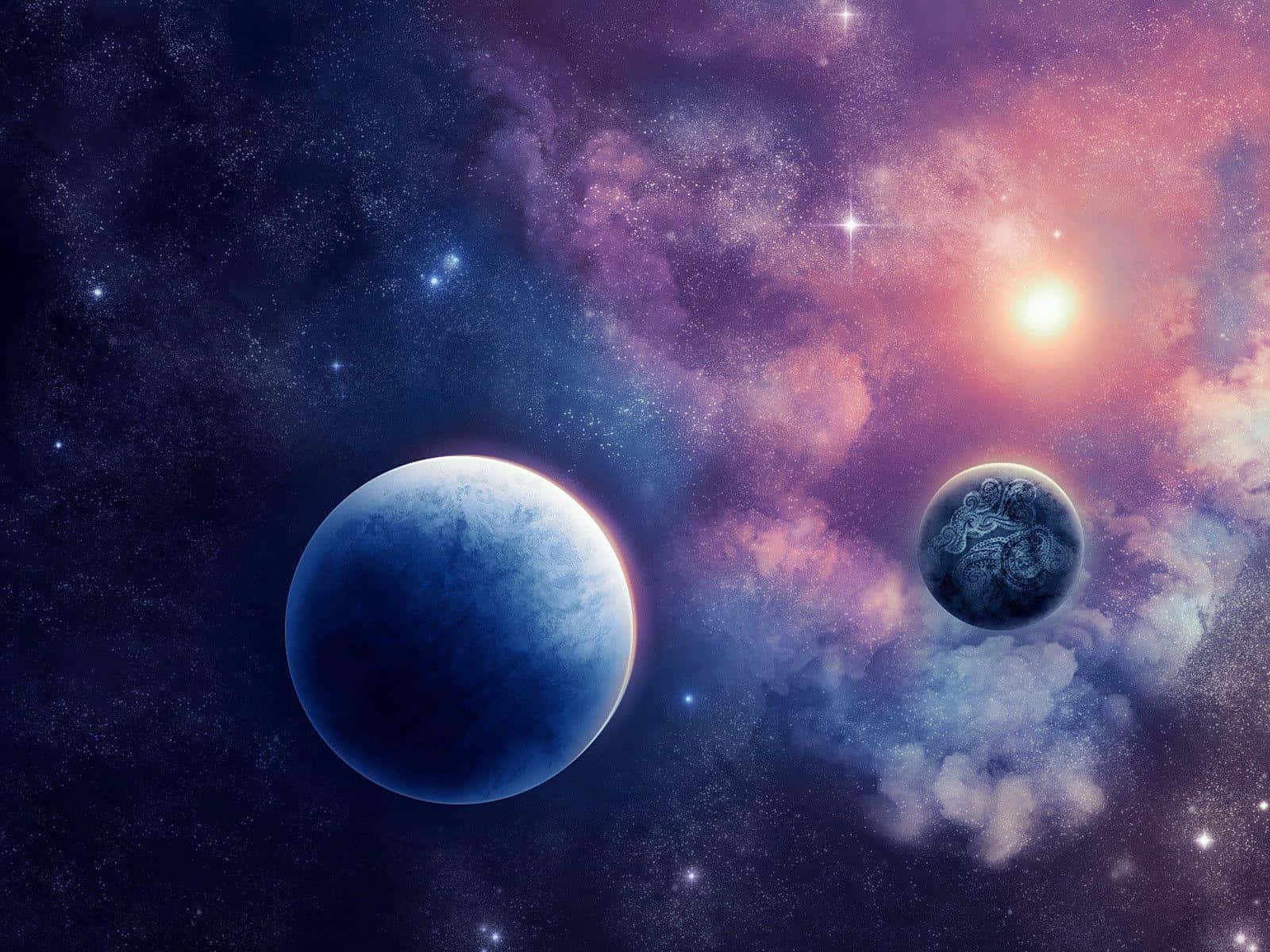兩顆行星漂浮在色彩繽紛的宇宙星雲中，周圍有閃爍的星星和旋轉的雲層。