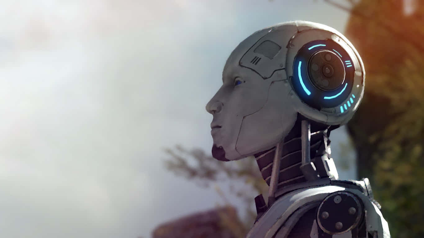 神秘謎題宇宙——《The Talos Principle》桌面背景 壁紙 — 一個擁有發光藍色圓形眼睛的人形機械人，在柔和模糊的自然背景下沉思地凝視著。