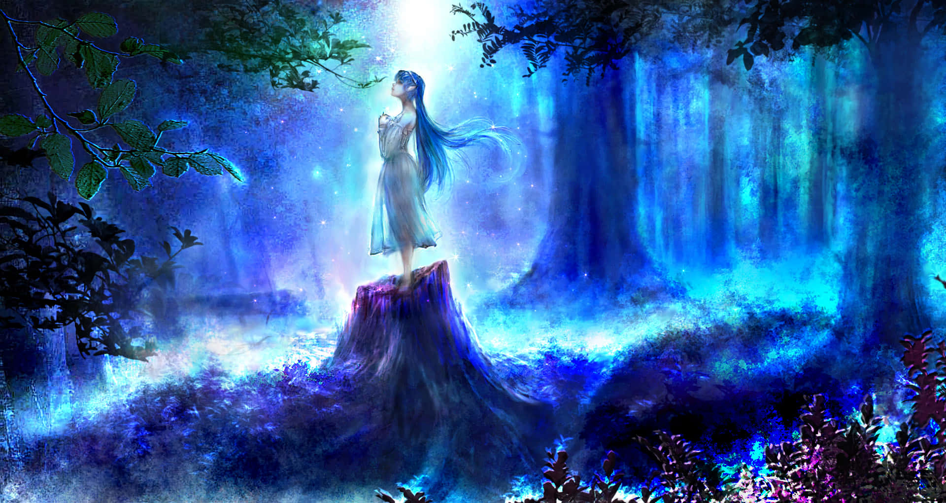 一位閃耀的藍髮動漫女子，夜晚站在魔法藍色森林中的樹樁上。