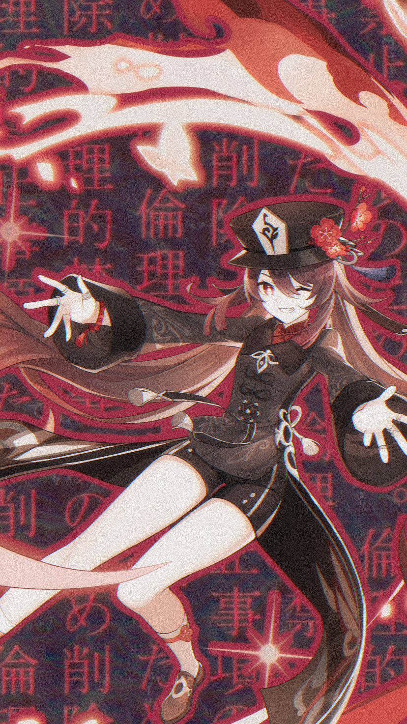 動漫女孩穿著黑色服裝和高頂帽，身後有紅色漩渦和日文文字。