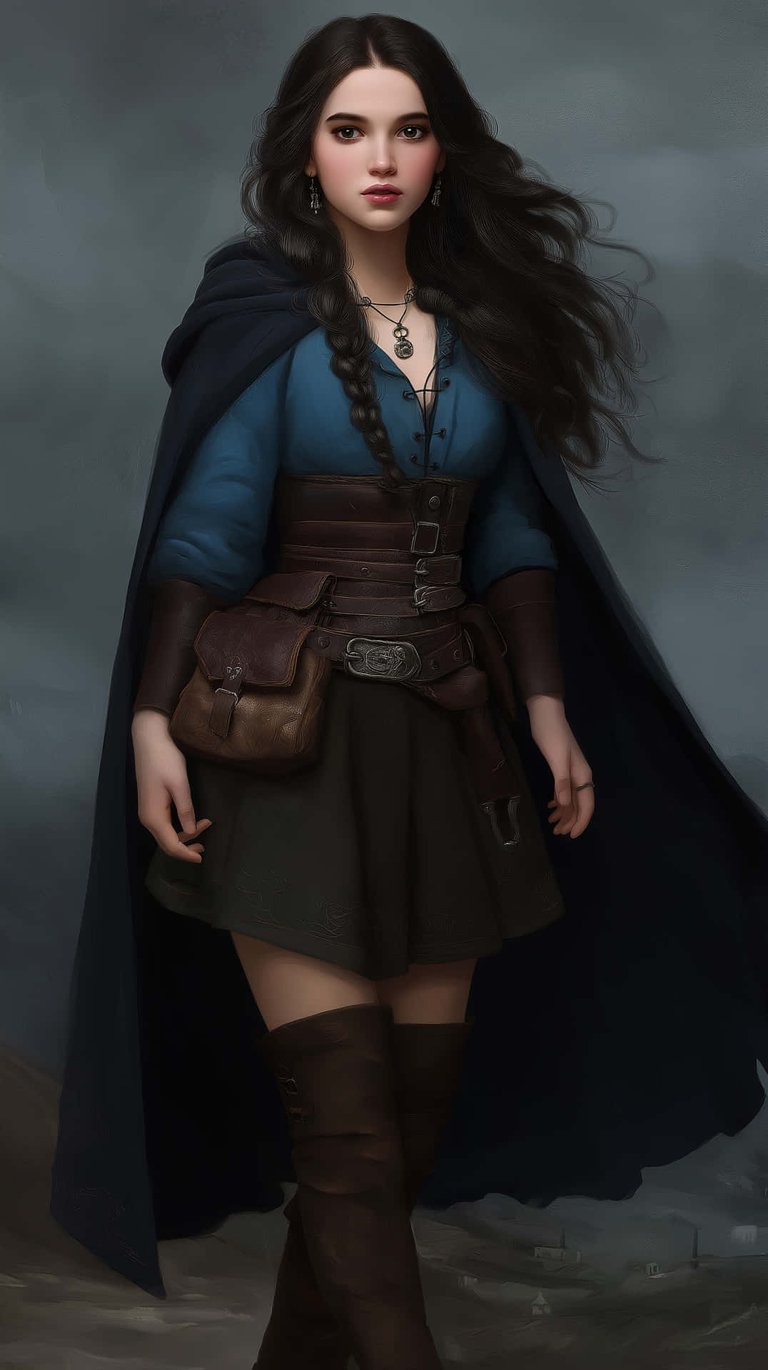 一位穿著奇幻服飾的女性，身披斗篷和靴子，站在暴風雨般的風景中。