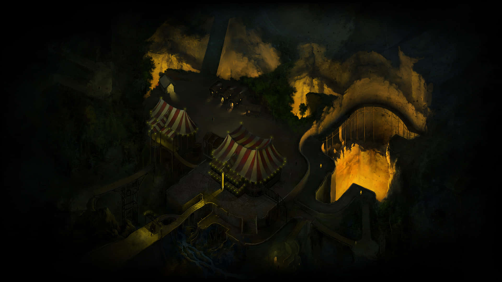 Dark Carnival 桌布 壁紙 — 神秘馬戲團坐落於黑暗洞穴中，被溫暖金色燈光照亮的鳥瞰圖。