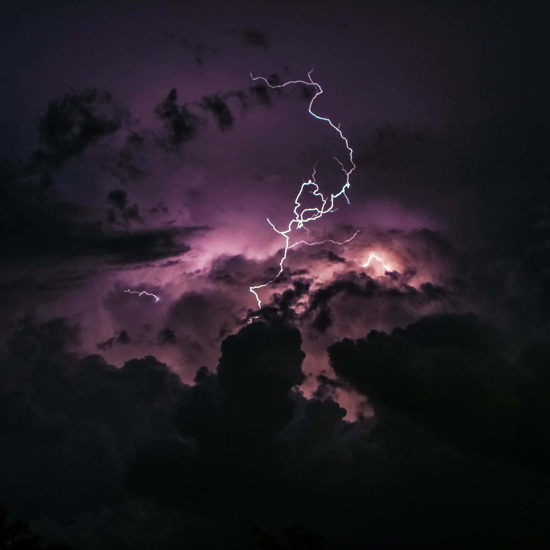 一道強烈的閃電在夜間照亮了黑暗的暴風雲。
