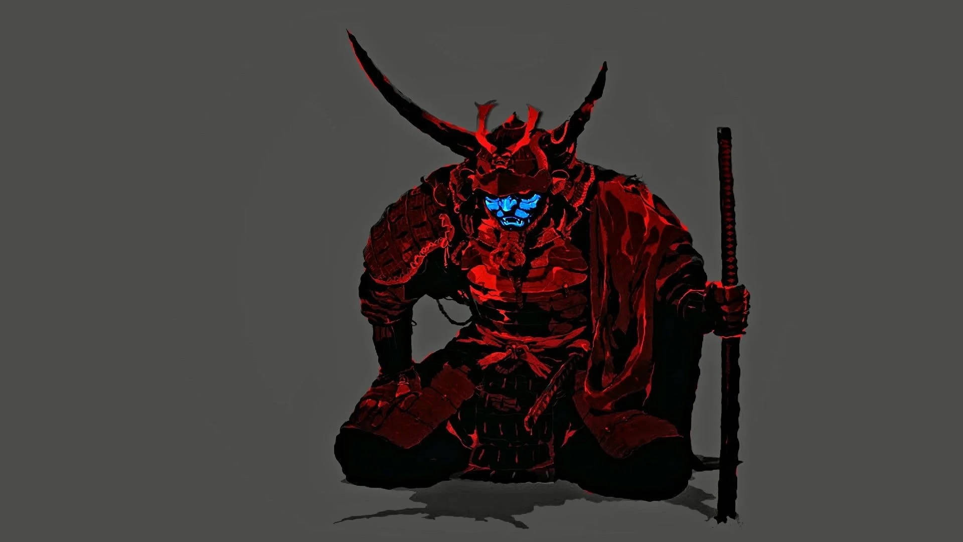 身穿紅色盔甲、擁有發光藍色眼睛的武士惡魔，跪著手持法杖。